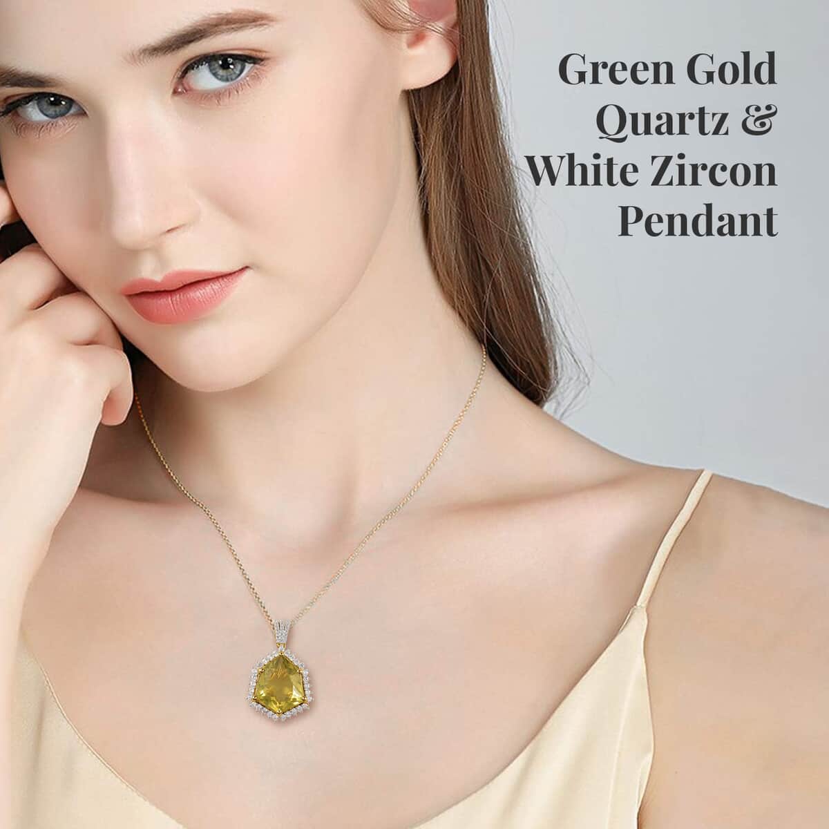 Brazilian Green Gold Quartz and White Zircon Pendant Necklace 20 Inches in Vermeil Yellow Gold Over Sterling Silver 15.00 ctw image number 2