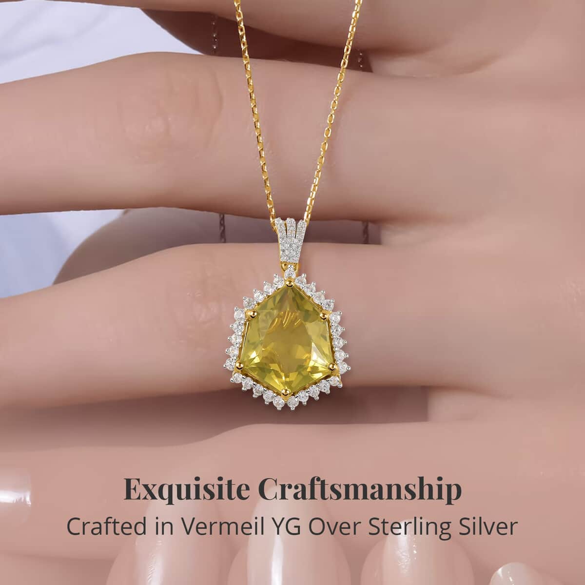 Brazilian Green Gold Quartz and White Zircon Pendant Necklace 20 Inches in Vermeil Yellow Gold Over Sterling Silver 15.00 ctw image number 3