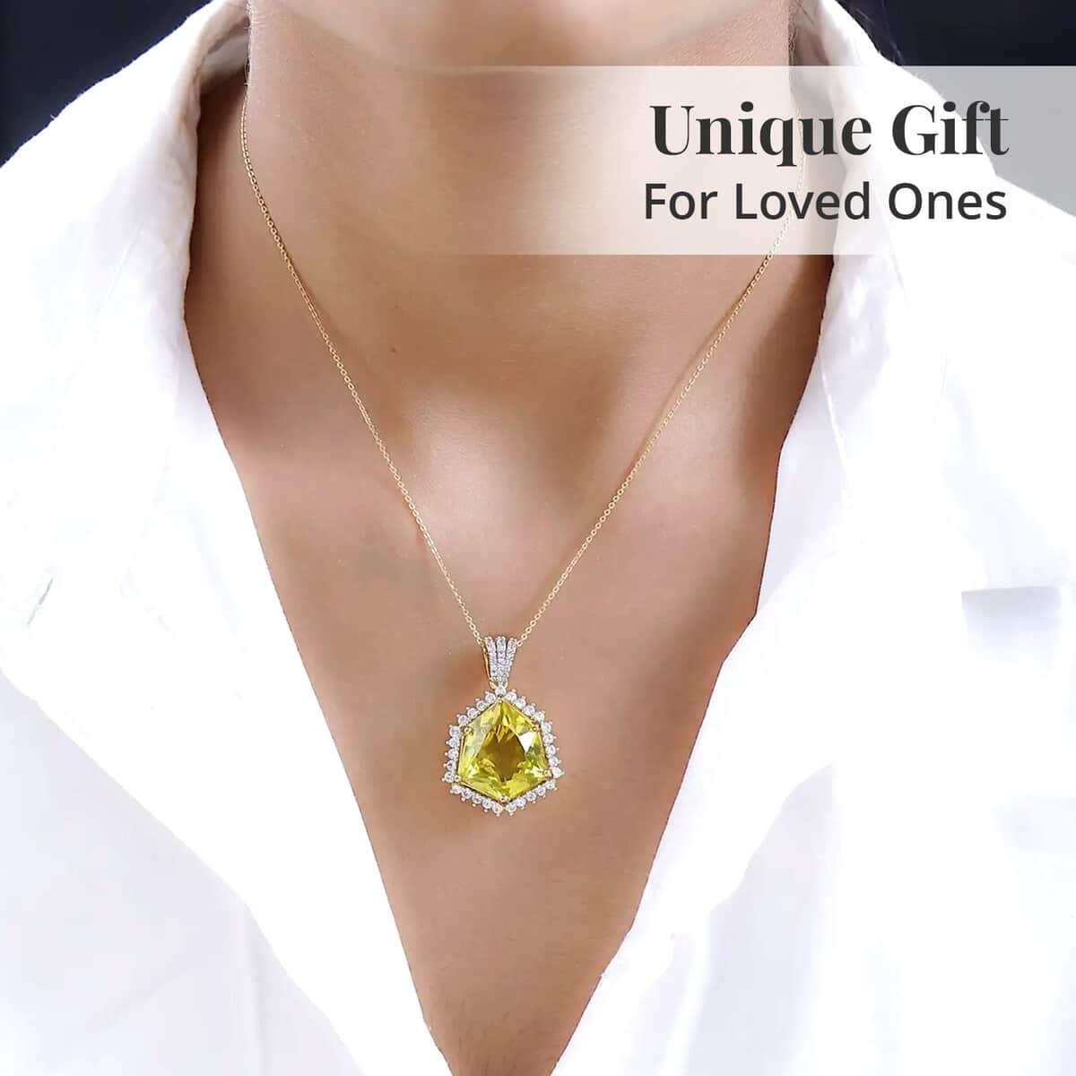 Brazilian Green Gold Quartz and White Zircon Pendant Necklace 20 Inches in Vermeil Yellow Gold Over Sterling Silver 15.00 ctw image number 4