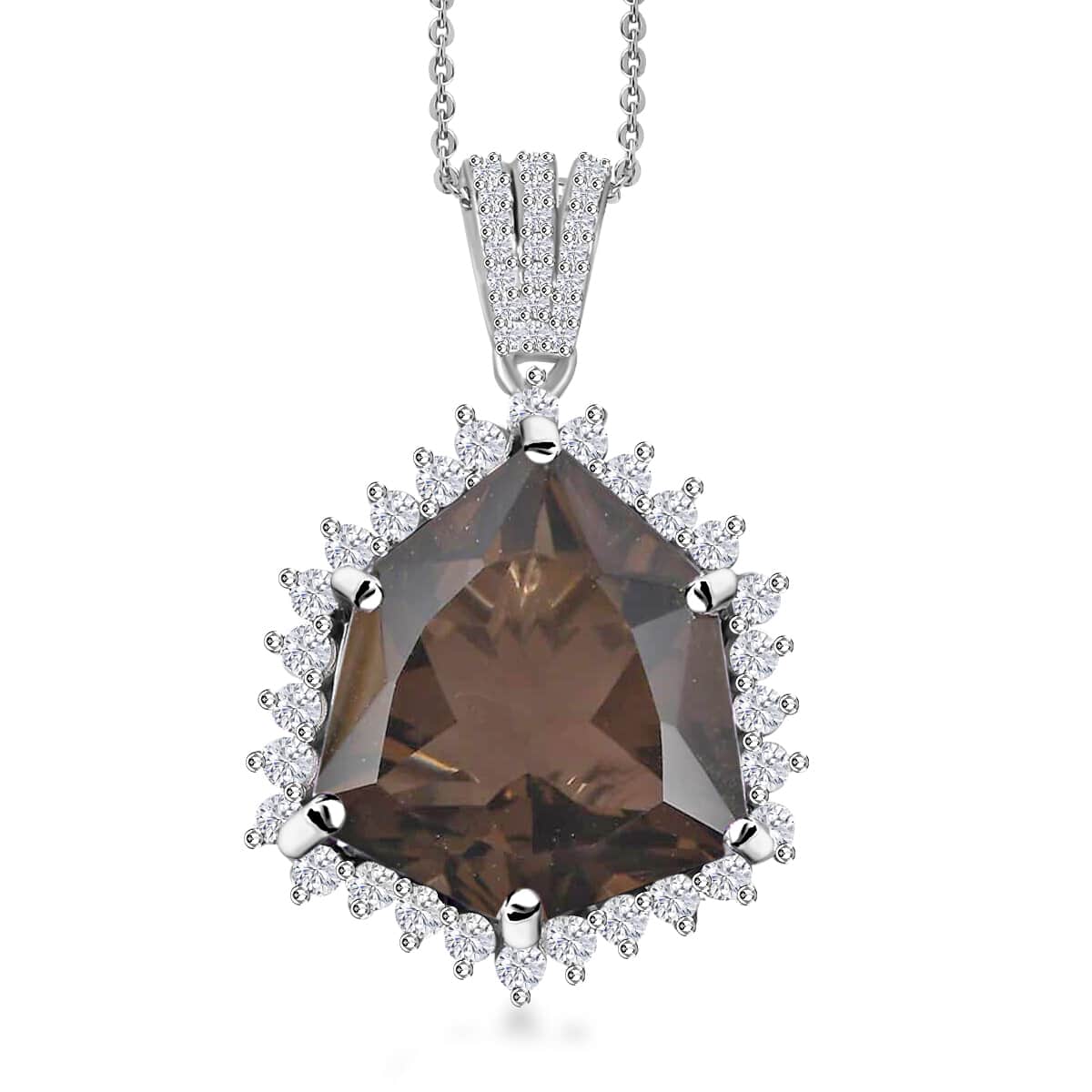 Brazilian Smoky Quartz and White Zircon Pendant Necklace 20 Inches in Platinum Over Sterling Silver 13.80 ctw image number 0