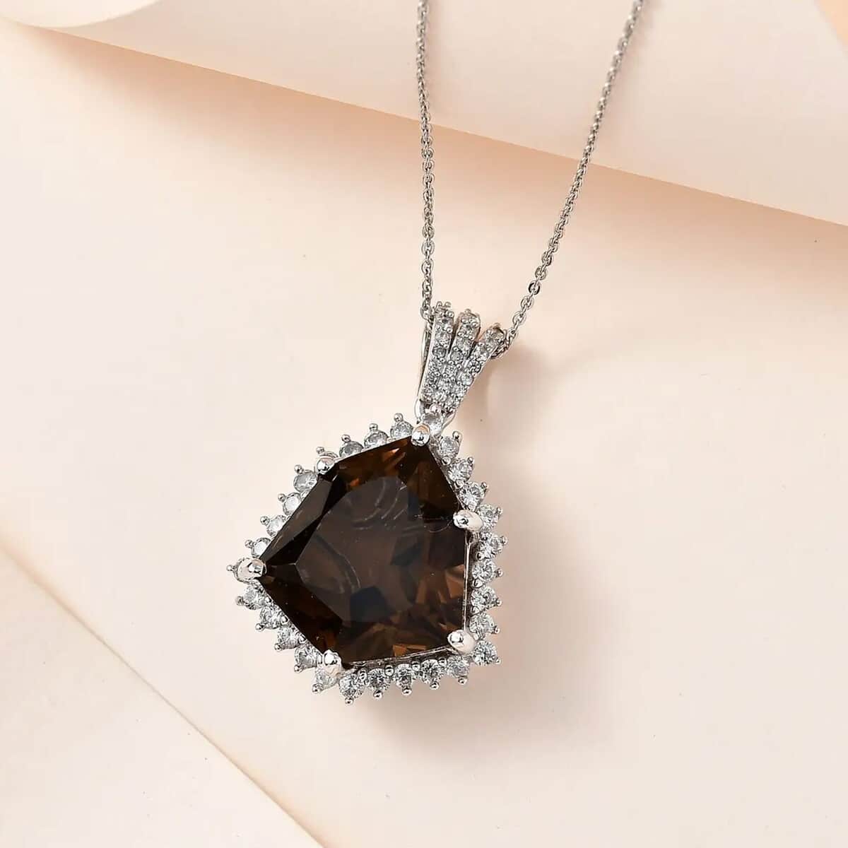 Brazilian Smoky Quartz and White Zircon Pendant Necklace 20 Inches in Platinum Over Sterling Silver 13.80 ctw image number 1
