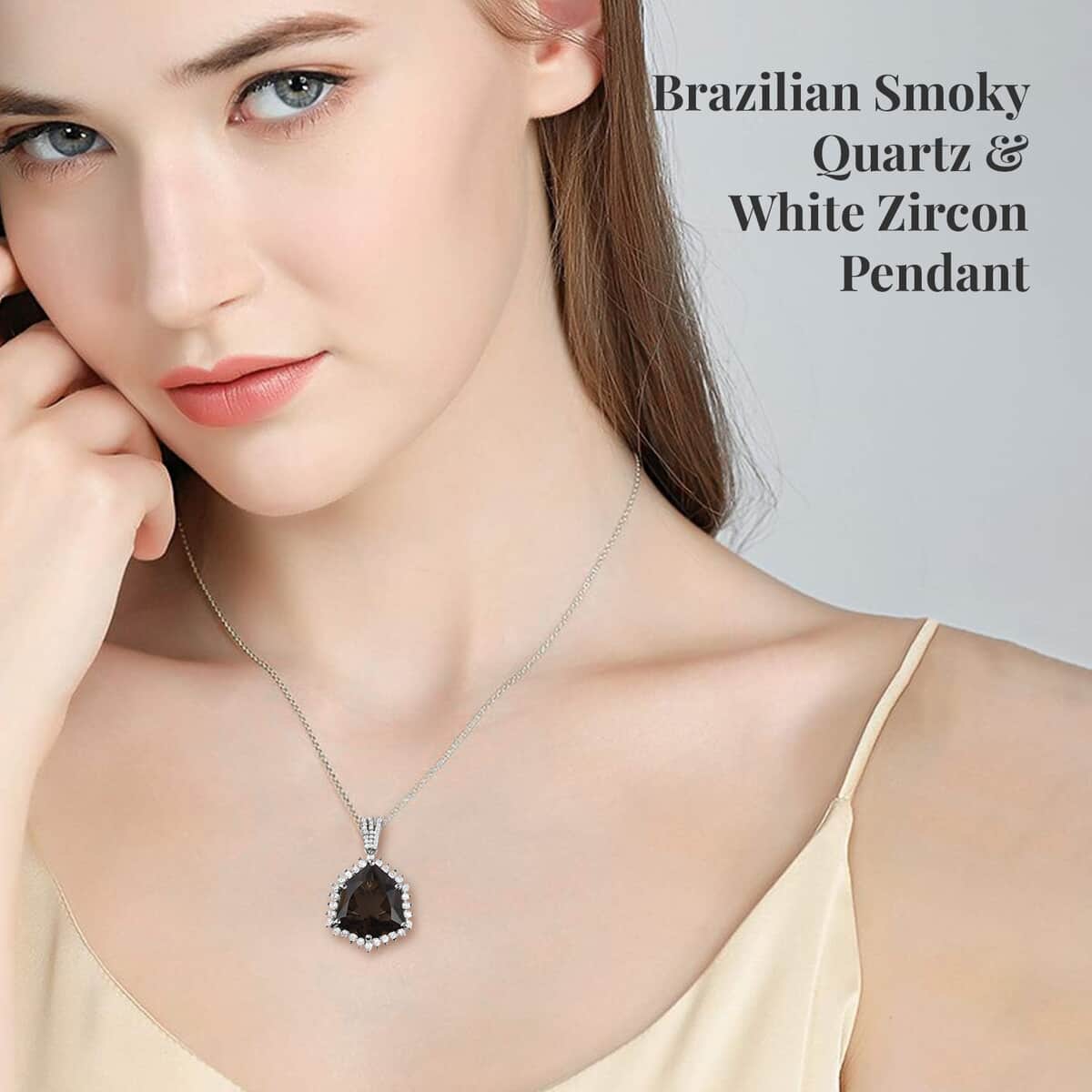 Brazilian Smoky Quartz and White Zircon Pendant Necklace 20 Inches in Platinum Over Sterling Silver 13.80 ctw image number 2