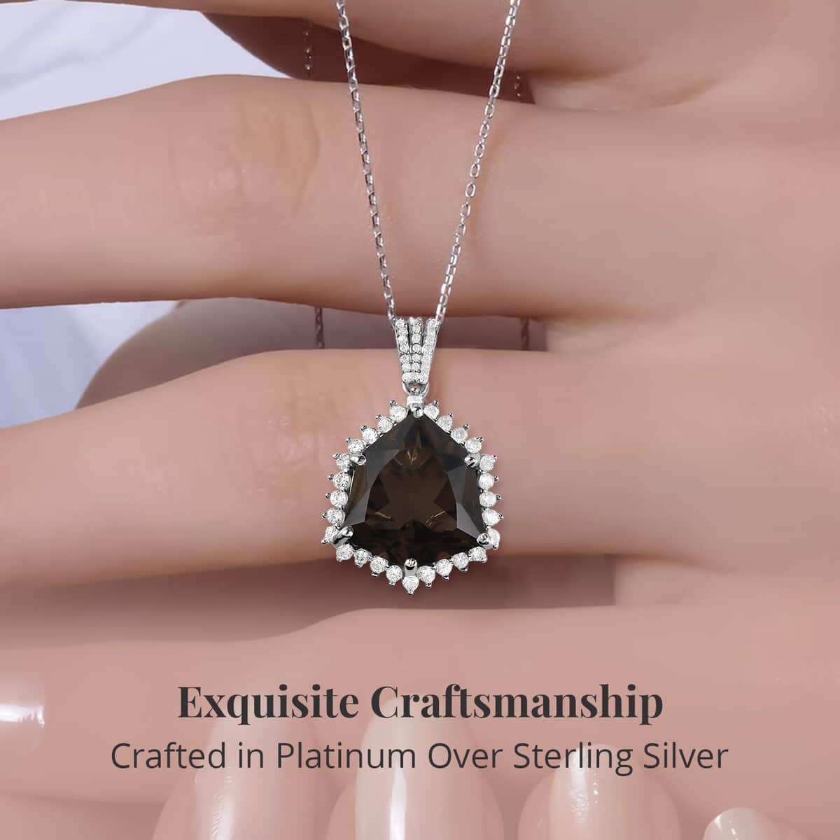 Brazilian Smoky Quartz and White Zircon Pendant Necklace 20 Inches in Platinum Over Sterling Silver 13.80 ctw image number 3