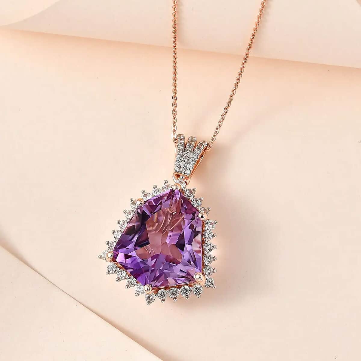 Rose De France Amethyst and White Zircon 16.85 ctw Pendant Necklace in Vermeil Rose Gold Over Sterling Silver 20 Inches image number 1