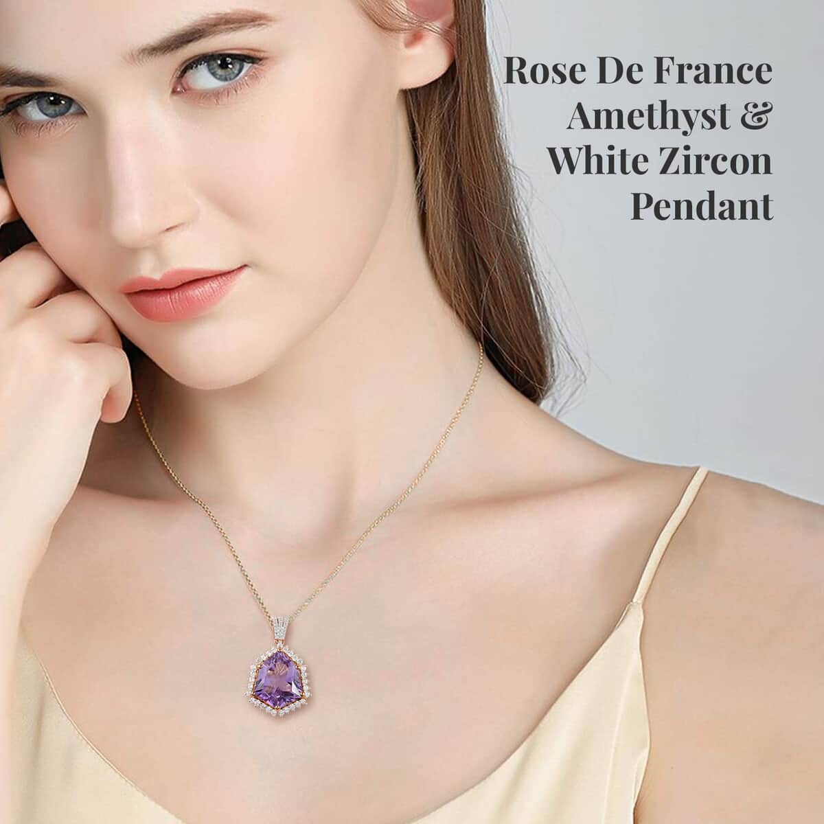 Rose De France Amethyst and White Zircon 16.85 ctw Pendant Necklace in Vermeil Rose Gold Over Sterling Silver 20 Inches image number 2
