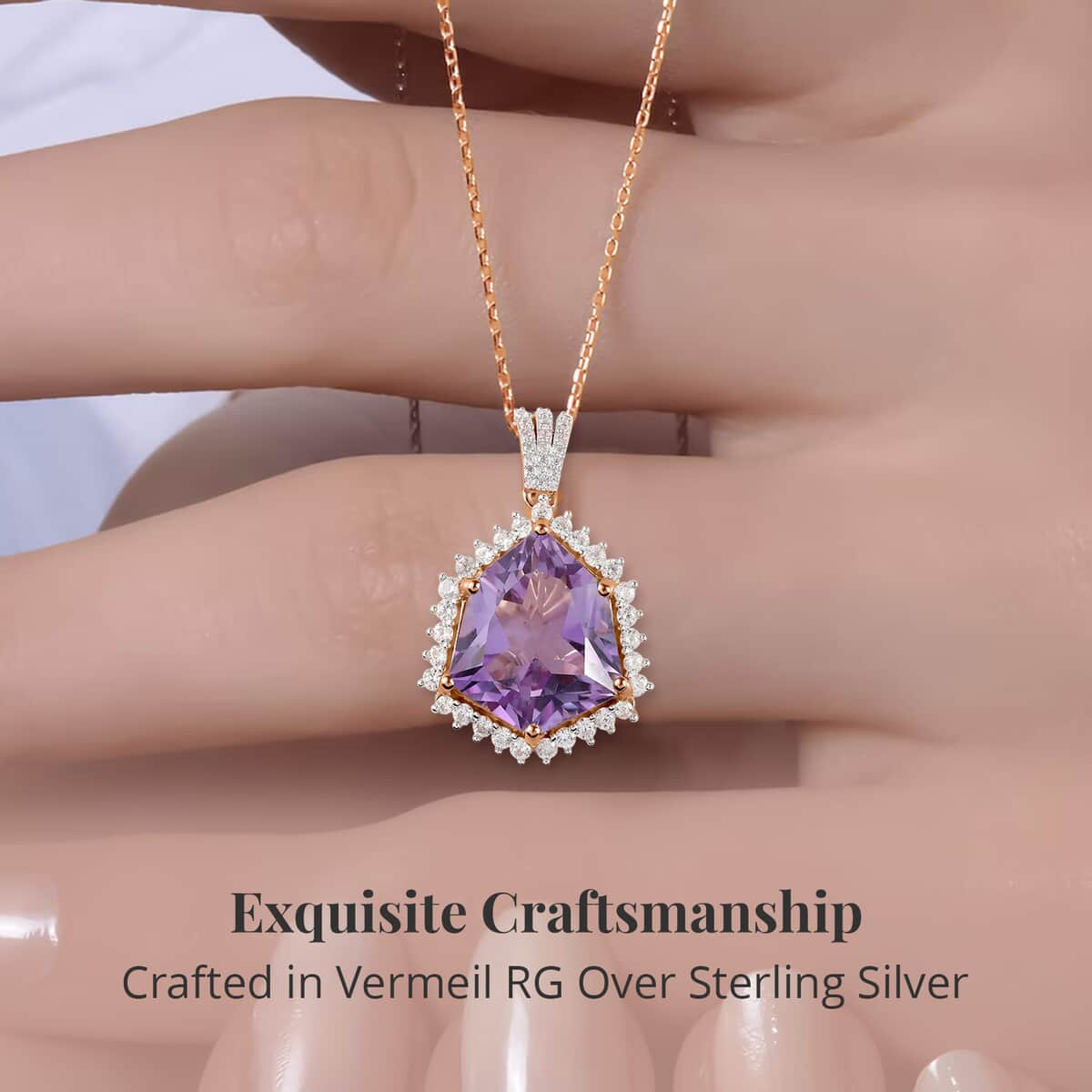 Rose De France Amethyst and White Zircon 16.85 ctw Pendant Necklace in Vermeil Rose Gold Over Sterling Silver 20 Inches image number 3
