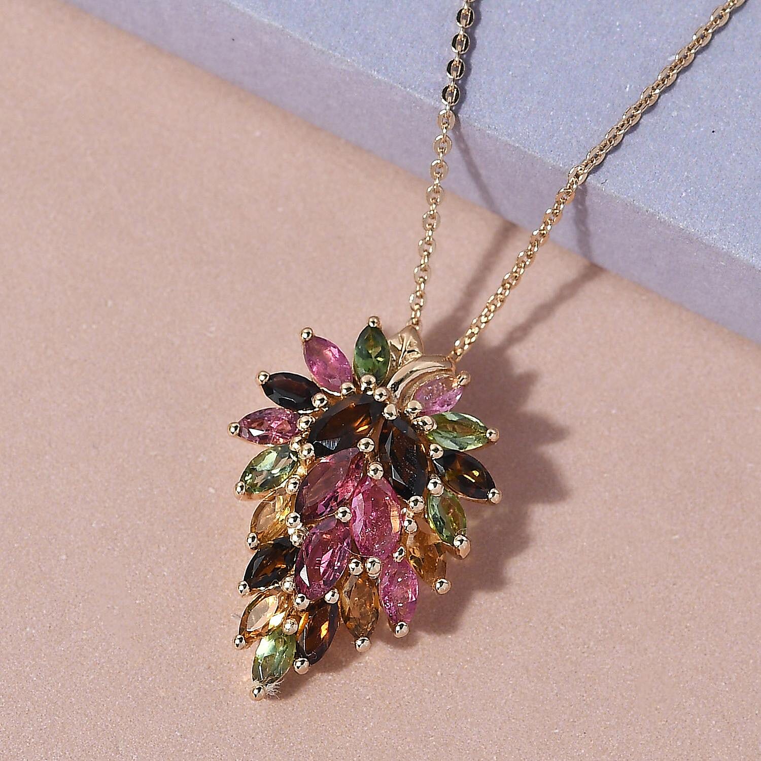 Multi-Tourmaline Leaf Pendant Necklace 20 Inches in Vermeil Yellow Gold Over Sterling Silver 2.10 ctw