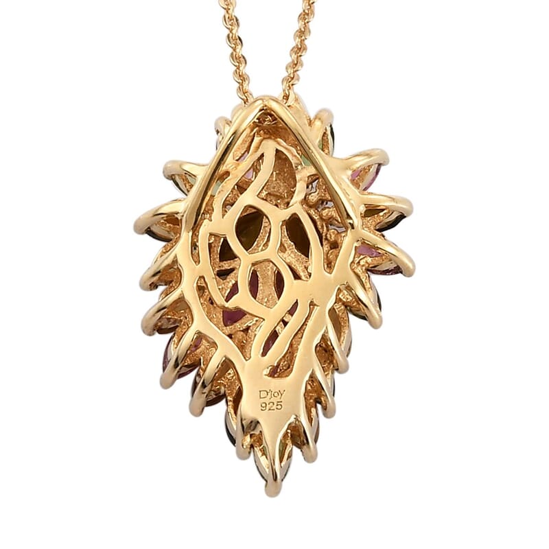 Multi-Tourmaline Leaf Pendant Necklace 20 Inches in Vermeil Yellow Gold Over Sterling Silver 2.10 ctw
