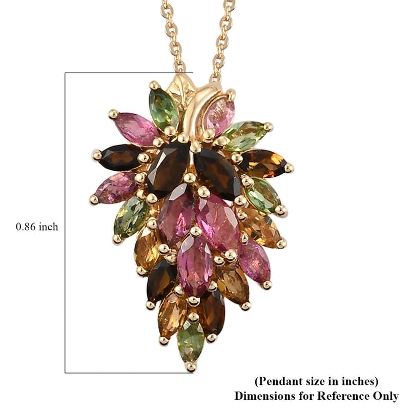 Multi-Tourmaline Leaf Pendant Necklace 20 Inches in Vermeil Yellow Gold Over Sterling Silver 2.10 ctw