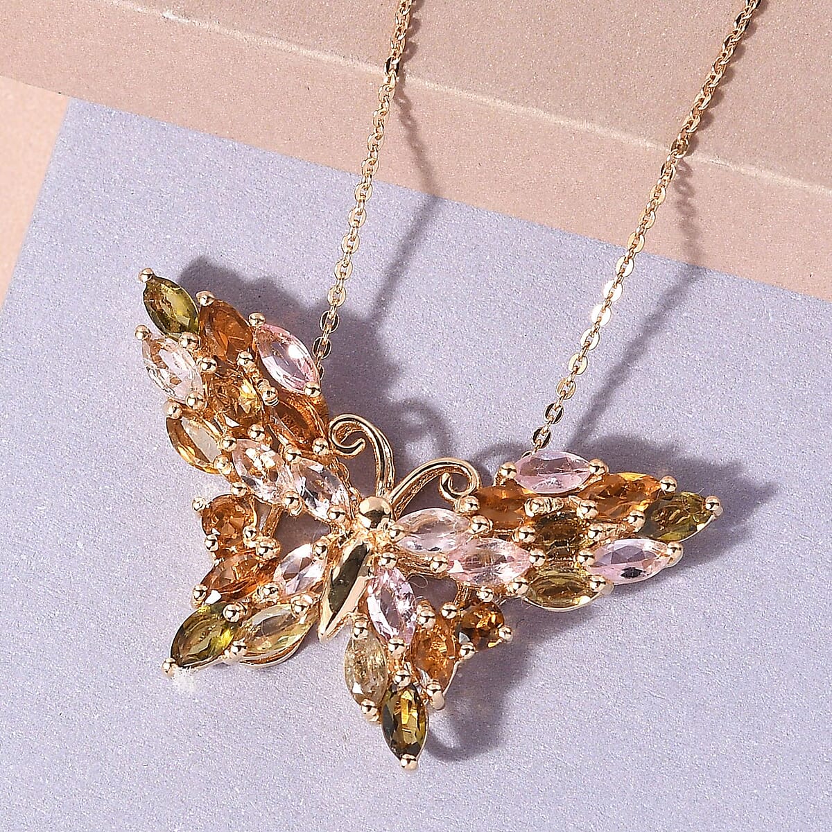 Multi-Tourmaline Butterfly Pendant Necklace 20 Inches in Vermeil Yellow Gold Over Sterling Silver 3.25 ctw image number 1