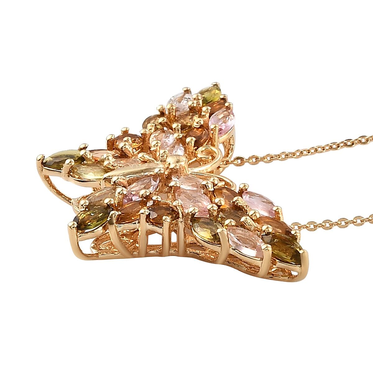 Multi-Tourmaline Butterfly Pendant Necklace 20 Inches in Vermeil Yellow Gold Over Sterling Silver 3.25 ctw image number 3