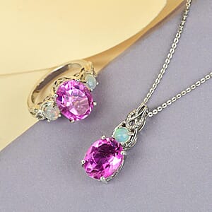 Patroke Quartz (Triplet) and Ethiopian Welo Opal Ring (Size 7.0) and Pendant Necklace 20 Inches in Platinum Over Sterling Silver 8.20 ctw