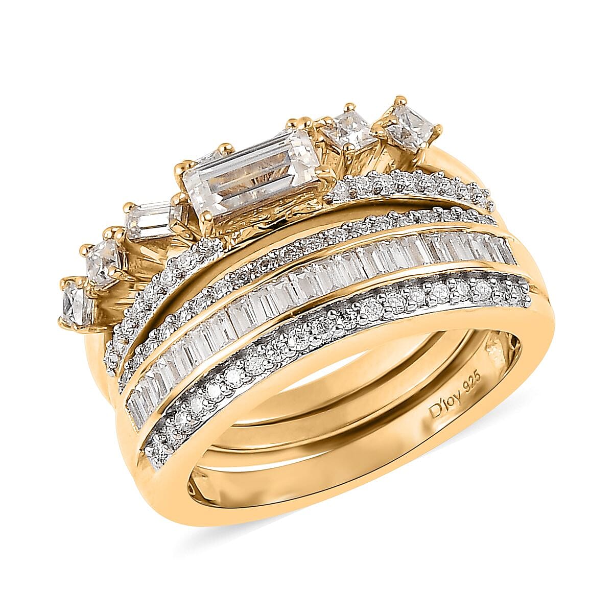 Moissanite Set of 3 Stackable Band Ring in Platinum and Vermeil Yellow Gold Over Sterling Silver 1.15 ctw image number 0