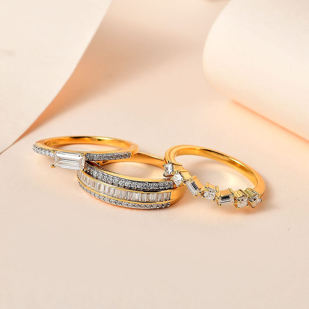 Moissanite Set of 3 Stackable Band Ring in Platinum and Vermeil Yellow Gold Over Sterling Silver 1.15 ctw image number 1