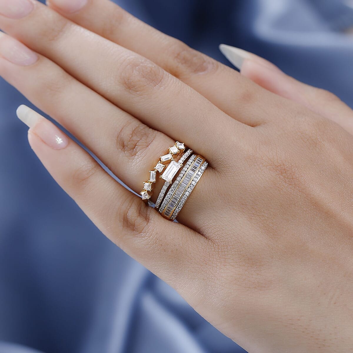 Moissanite Set of 3 Stackable Band Ring in Platinum and Vermeil Yellow Gold Over Sterling Silver 1.15 ctw image number 2