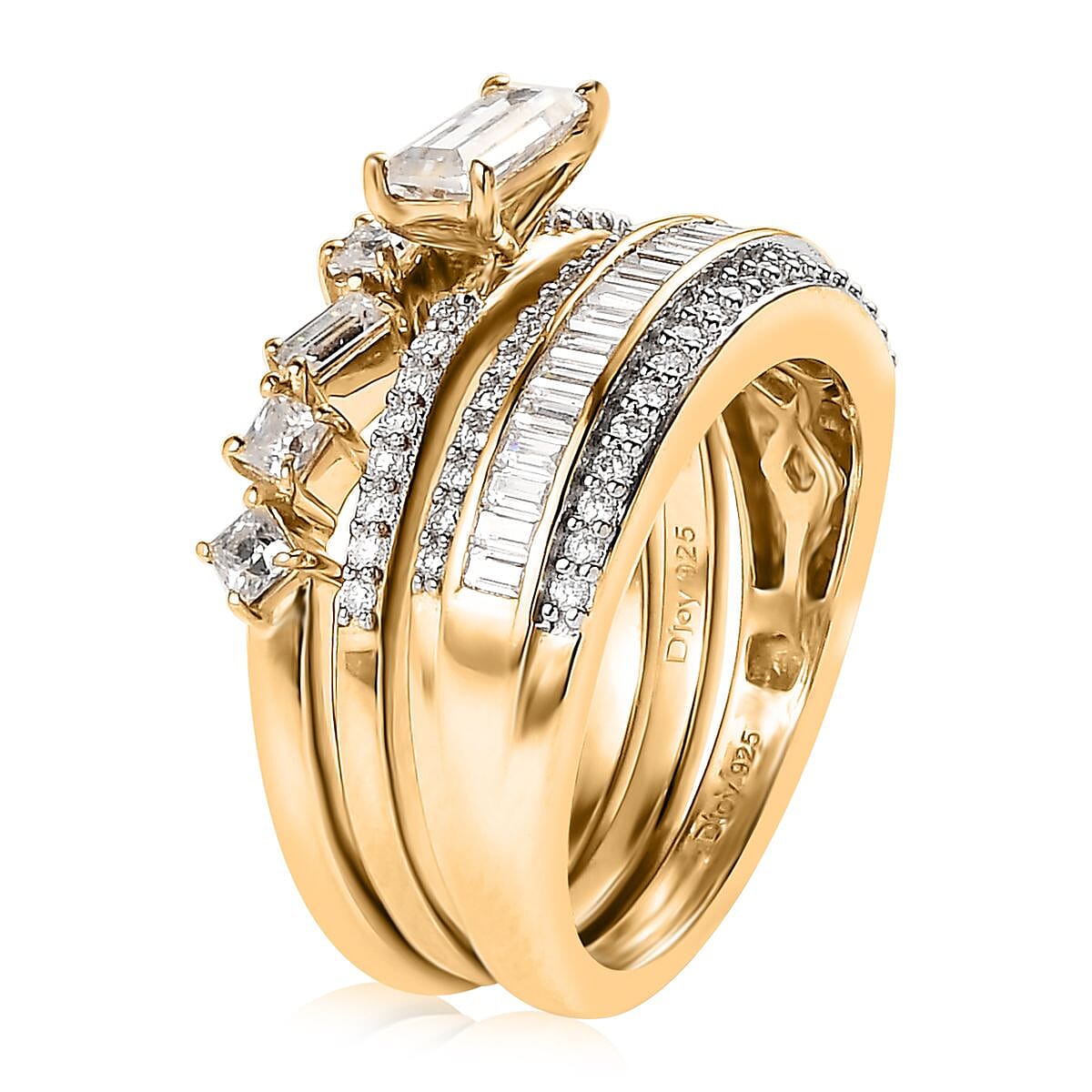 Moissanite Set of 3 Stackable Band Ring in Platinum and Vermeil Yellow Gold Over Sterling Silver 1.15 ctw image number 4