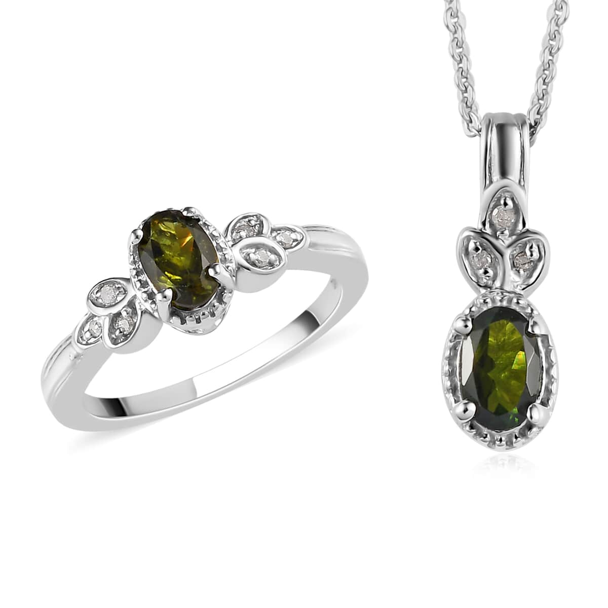 Premium Tanzanian Natural Chrome Tourmaline and Diamond Ring Size 5 and Pendant Necklace 20 Inches in Platinum Over Sterling Silver 0.85 ctw image number 0