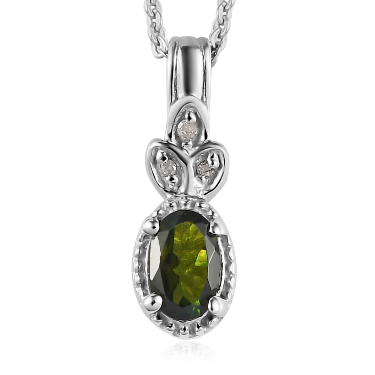 Premium Tanzanian Natural Chrome Tourmaline and Diamond Ring Size 5 and Pendant Necklace 20 Inches in Platinum Over Sterling Silver 0.85 ctw image number 6