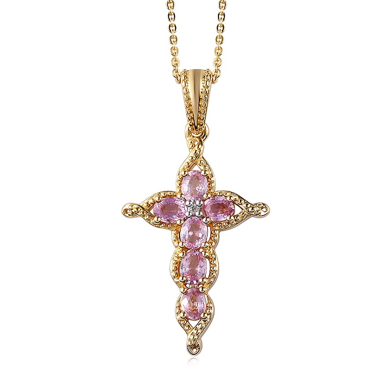 Madagascar Pink Sapphire and White Zircon Cross Pendant Necklace (20 Inches) in Vermeil Yellow Gold Sterling Silver 1.50 ctw