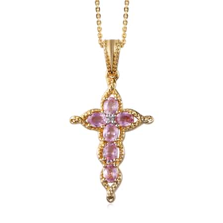 Madagascar Pink Sapphire and White Zircon Cross Pendant Necklace (20 Inches) in Vermeil Yellow Gold Sterling Silver 1.50 ctw image number 0