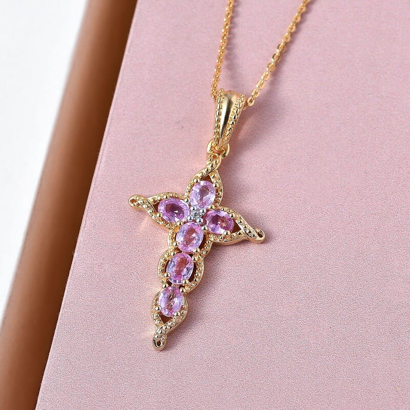 Madagascar Pink Sapphire and White Zircon Cross Pendant Necklace (20 Inches) in Vermeil Yellow Gold Sterling Silver 1.50 ctw