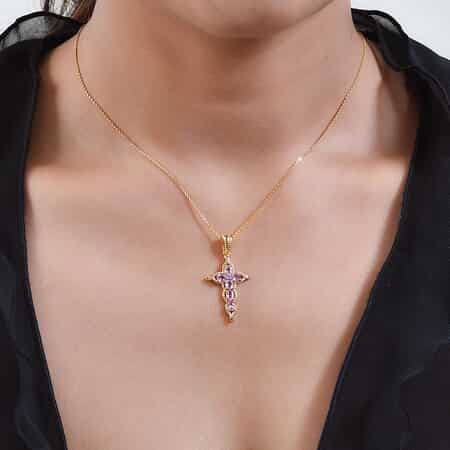 Madagascar Pink Sapphire and White Zircon Cross Pendant Necklace (20 Inches) in Vermeil Yellow Gold Sterling Silver 1.50 ctw image number 2