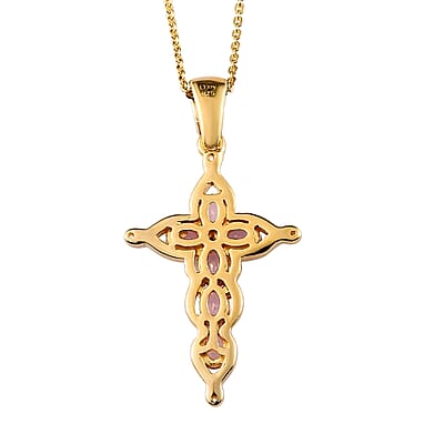 Madagascar Pink Sapphire and White Zircon Cross Pendant Necklace (20 Inches) in Vermeil Yellow Gold Sterling Silver 1.50 ctw