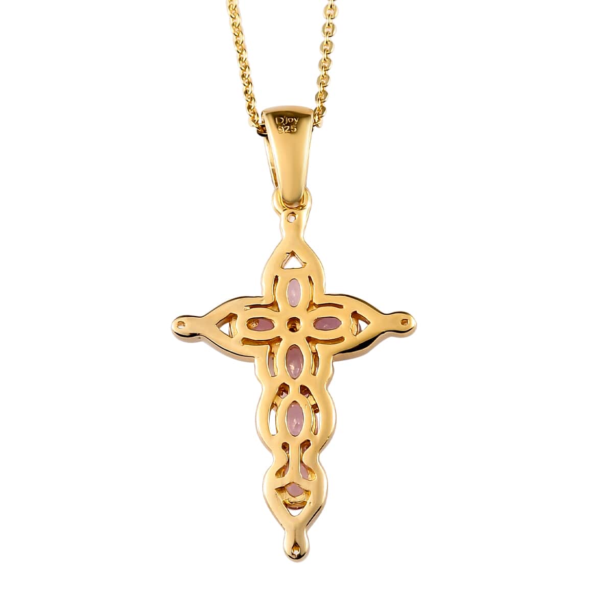 Madagascar Pink Sapphire and White Zircon Cross Pendant Necklace (20 Inches) in Vermeil Yellow Gold Sterling Silver 1.50 ctw image number 4
