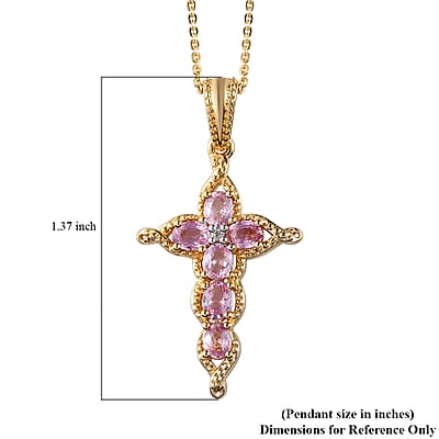 Madagascar Pink Sapphire and White Zircon Cross Pendant Necklace (20 Inches) in Vermeil Yellow Gold Sterling Silver 1.50 ctw