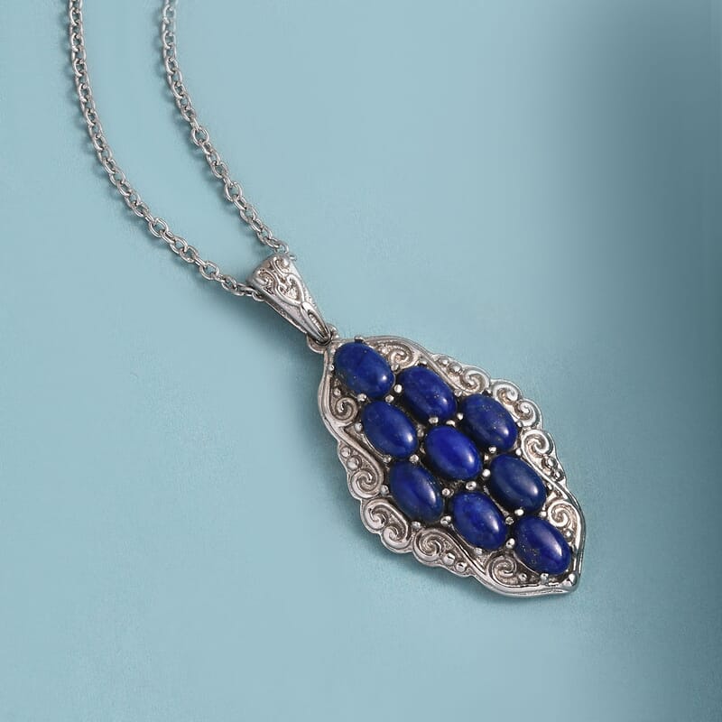 Lapis Lazuli Elongated Pendant Necklace 20 Inches in Stainless Steel 6.15 ctw