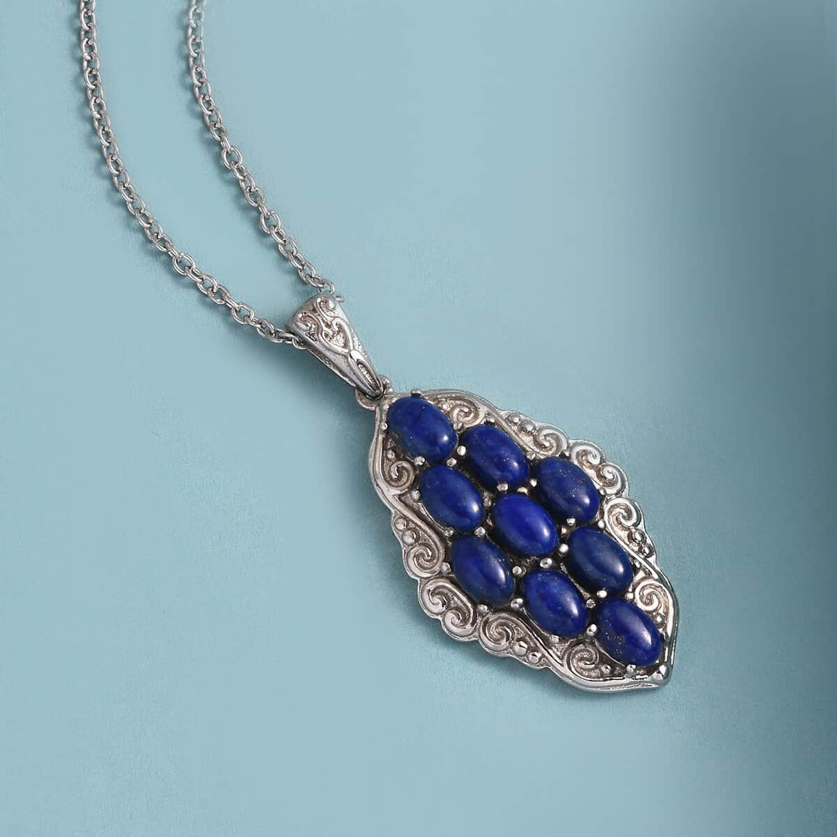 Lapis Lazuli Elongated Pendant Necklace 20 Inches in Stainless Steel 6.15 ctw image number 1