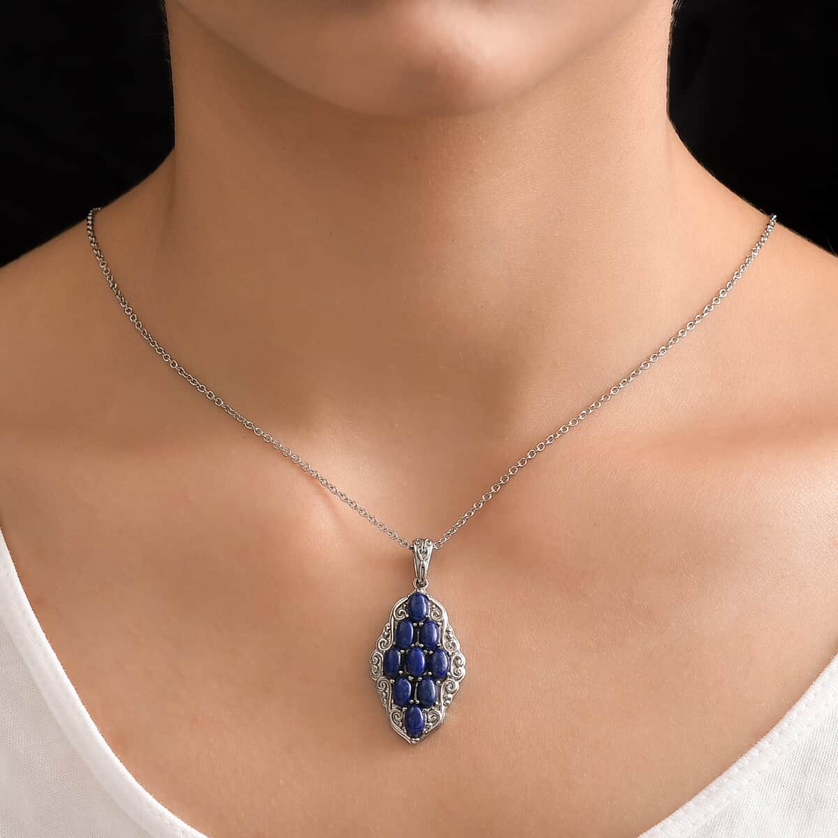 Lapis Lazuli Elongated Pendant Necklace 20 Inches in Stainless Steel 6.15 ctw image number 2