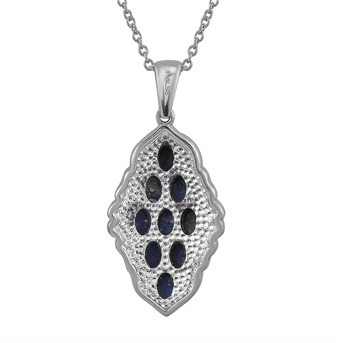 Lapis Lazuli Elongated Pendant Necklace 20 Inches in Stainless Steel 6.15 ctw