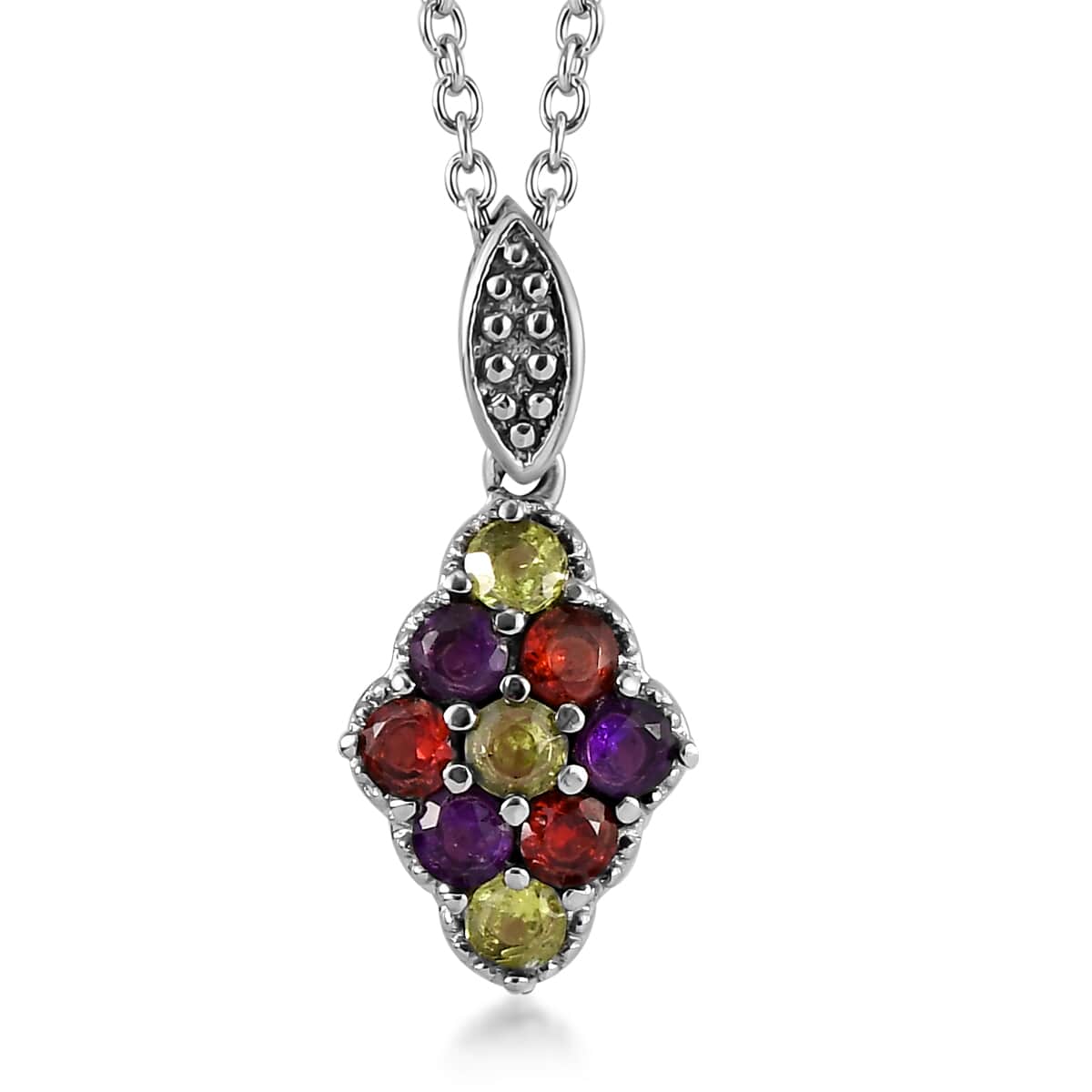 Multi Gemstone Elongated Pendant Necklace 20 Inches in Stainless Steel 1.20 ctw image number 0