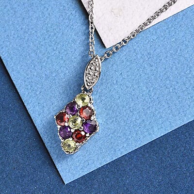 Multi Gemstone Elongated Pendant Necklace 20 Inches in Stainless Steel 1.20 ctw