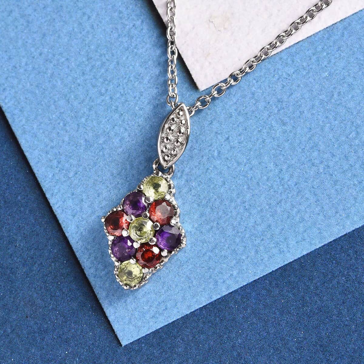 Multi Gemstone Elongated Pendant Necklace 20 Inches in Stainless Steel 1.20 ctw image number 1