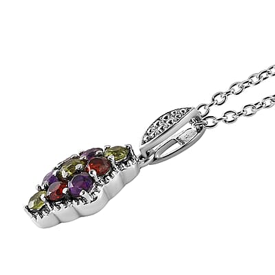Multi Gemstone Elongated Pendant Necklace 20 Inches in Stainless Steel 1.20 ctw