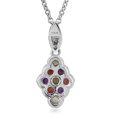 Multi Gemstone Elongated Pendant Necklace 20 Inches in Stainless Steel 1.20 ctw