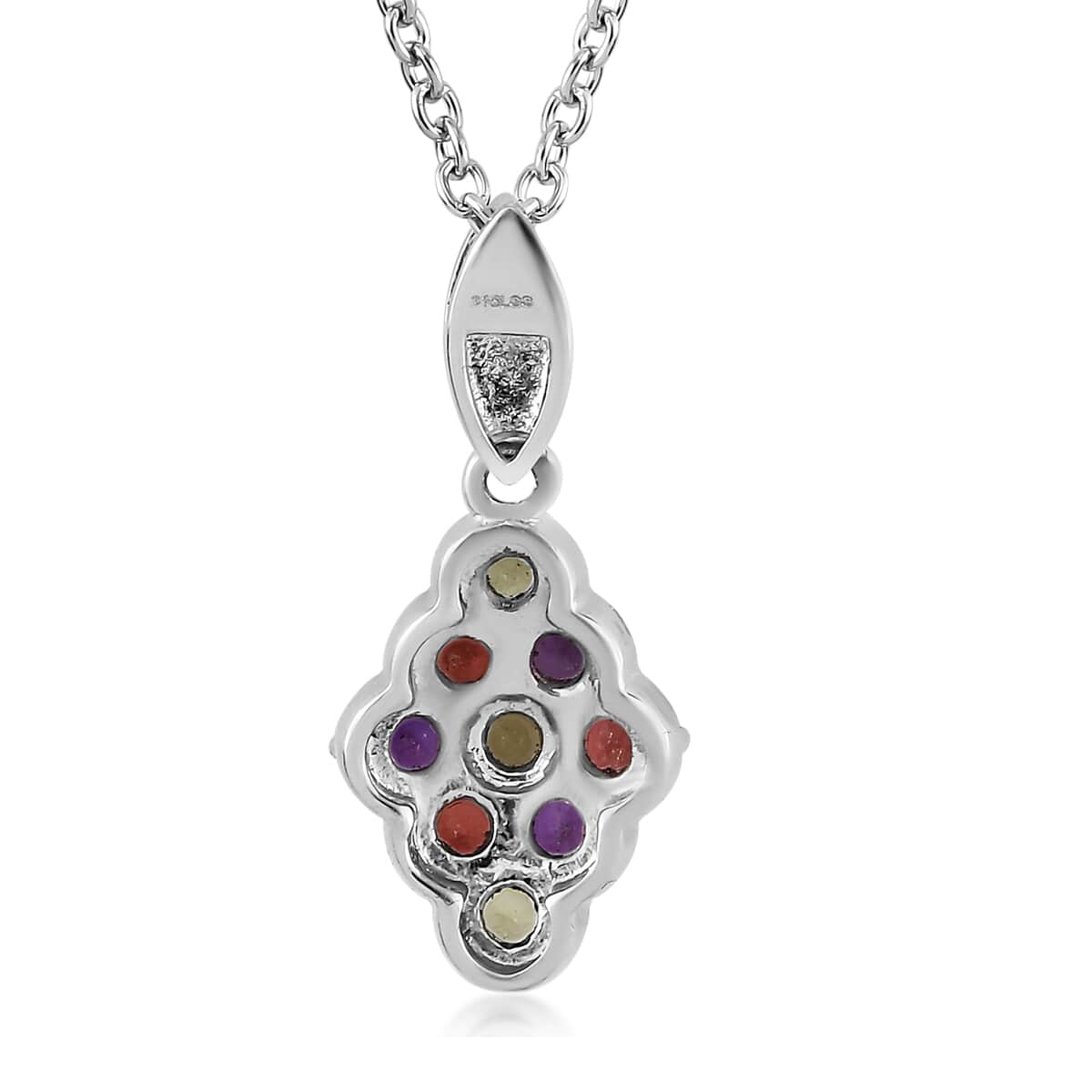 Multi Gemstone Elongated Pendant Necklace 20 Inches in Stainless Steel 1.20 ctw image number 3