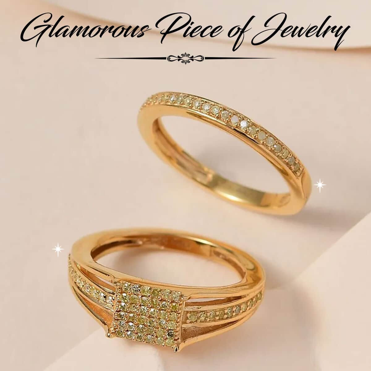 Natural Yellow Diamond I3 Set of 2 Ring in Yellow Rhodium and Vermeil Yellow Gold Over Sterling Silver 0.33 ctw image number 1