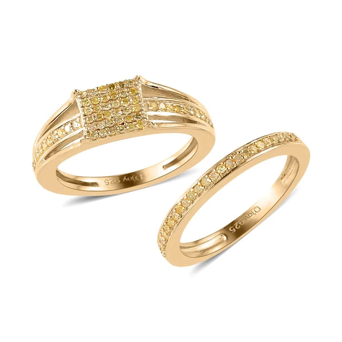 Natural Yellow Diamond I3 Set of 2 Ring in Yellow Rhodium and Vermeil Yellow Gold Over Sterling Silver 0.33 ctw image number 3