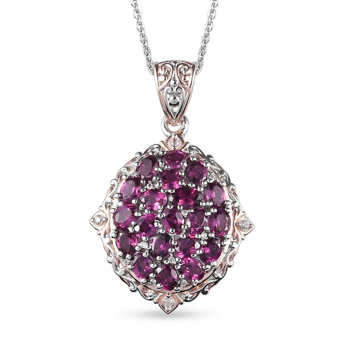 Natural Tanzanian Wine Garnet and White Zircon Pendant Necklace 20 Inches in Vermeil Rose Gold and Platinum Over Sterling Silver 7.35 Grams 5.35 ctw image number 0