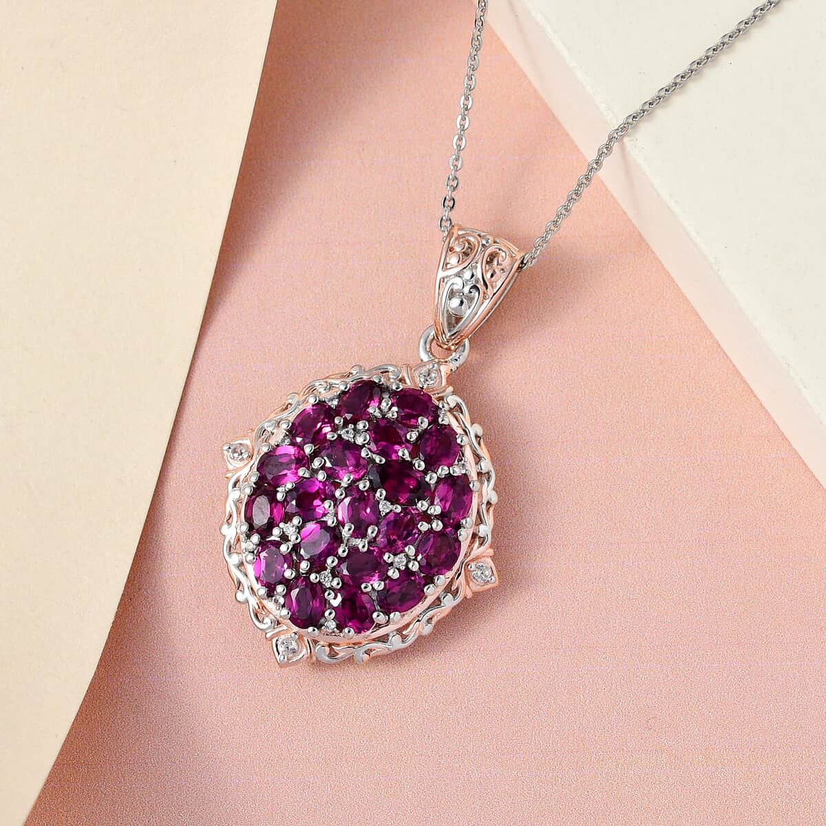 Natural Tanzanian Wine Garnet and White Zircon Pendant Necklace 20 Inches in Vermeil Rose Gold and Platinum Over Sterling Silver 7.35 Grams 5.35 ctw image number 1
