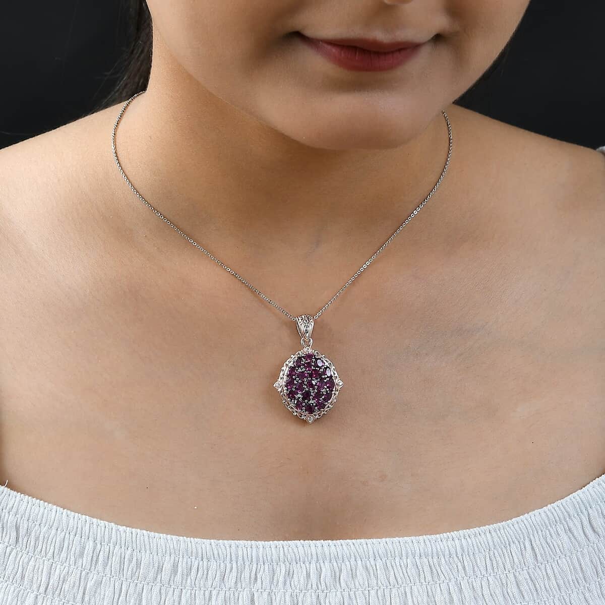 Natural Tanzanian Wine Garnet and White Zircon Pendant Necklace 20 Inches in Vermeil Rose Gold and Platinum Over Sterling Silver 7.35 Grams 5.35 ctw image number 2