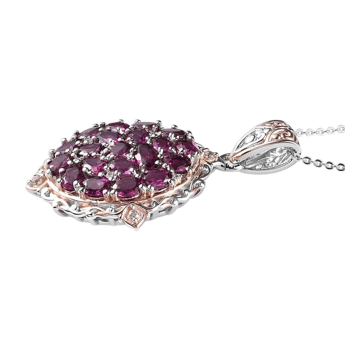 Natural Tanzanian Wine Garnet and White Zircon Pendant Necklace 20 Inches in Vermeil Rose Gold and Platinum Over Sterling Silver 7.35 Grams 5.35 ctw image number 3