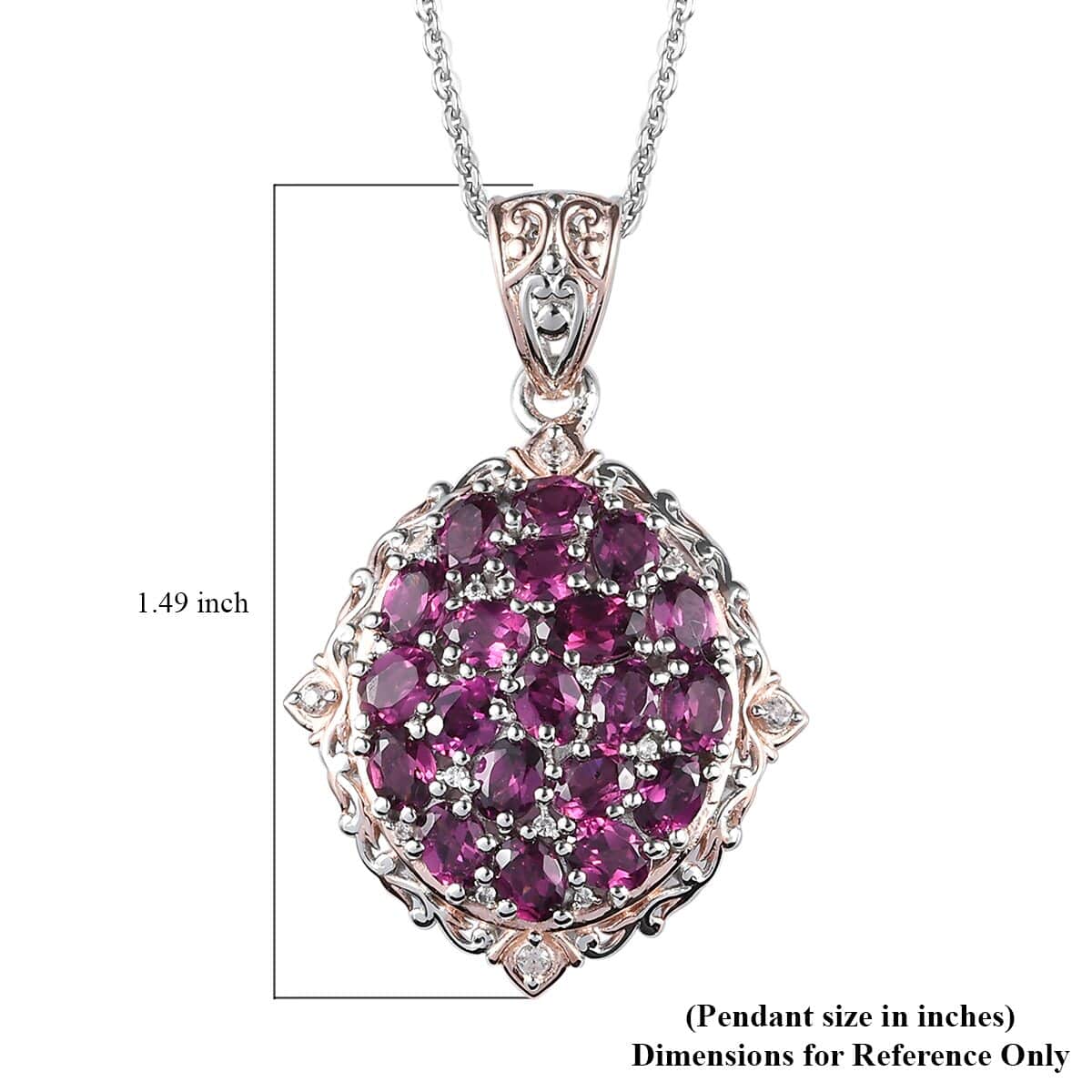 Natural Tanzanian Wine Garnet and White Zircon Pendant Necklace 20 Inches in Vermeil Rose Gold and Platinum Over Sterling Silver 7.35 Grams 5.35 ctw image number 6