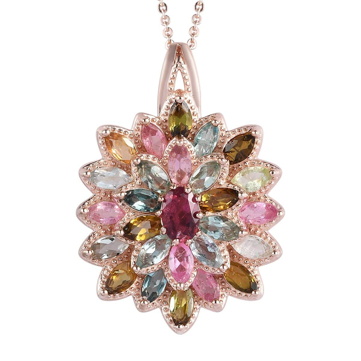 Multi-Tourmaline Floral Pendant Necklace 20 Inches in Vermeil Rose Gold Over Sterling Silver 4.25 ctw image number 0