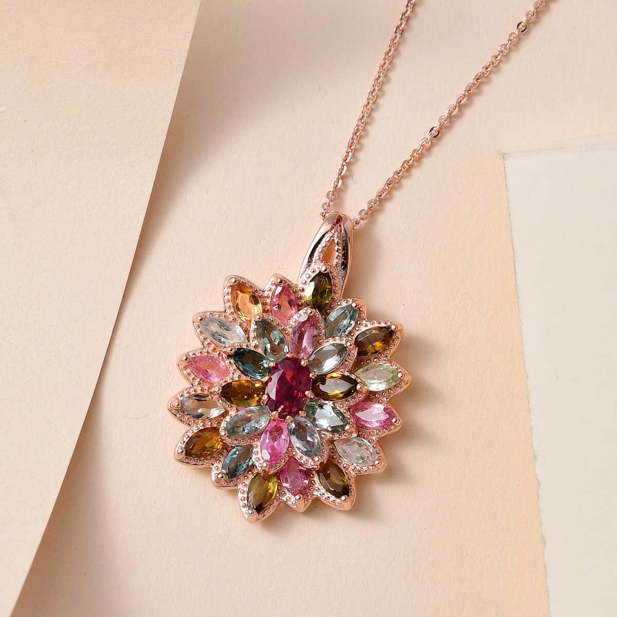 Multi-Tourmaline Floral Pendant Necklace 20 Inches in Vermeil Rose Gold Over Sterling Silver 4.25 ctw image number 1