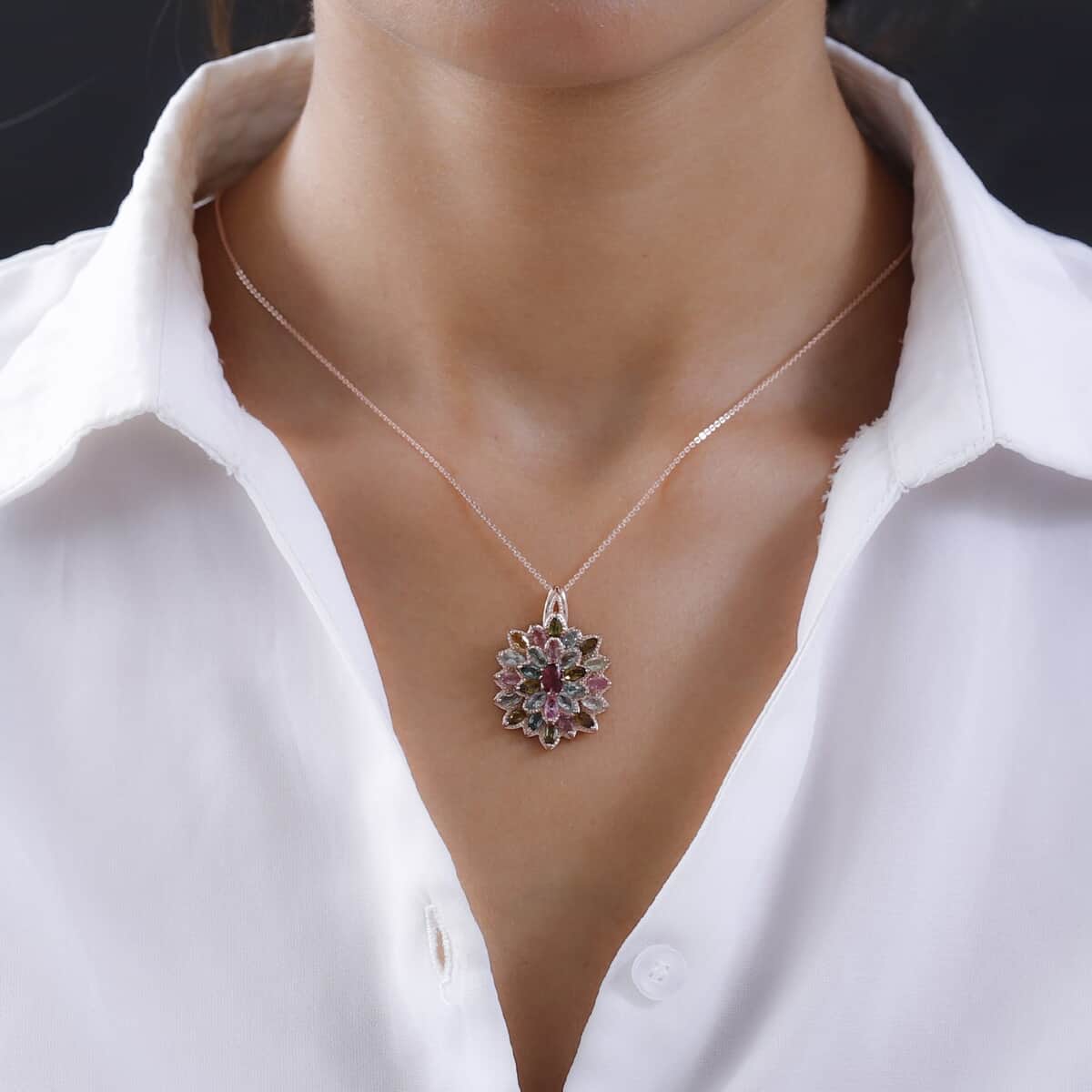 Multi-Tourmaline Floral Pendant Necklace 20 Inches in Vermeil Rose Gold Over Sterling Silver 4.25 ctw image number 2