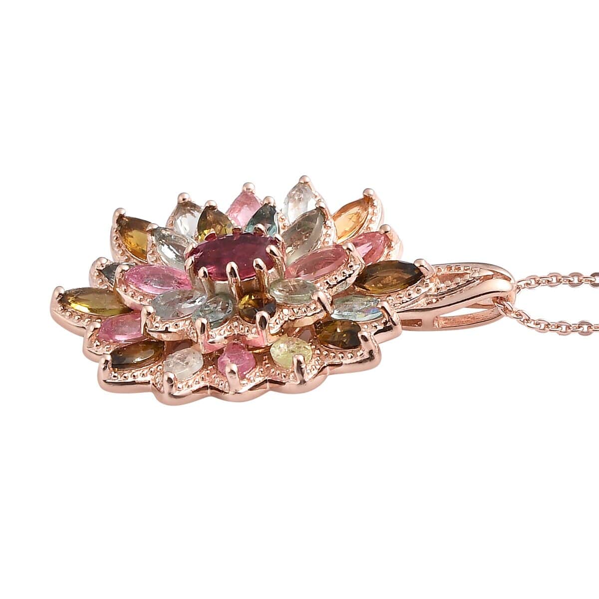 Multi-Tourmaline Floral Pendant Necklace 20 Inches in Vermeil Rose Gold Over Sterling Silver 4.25 ctw image number 3